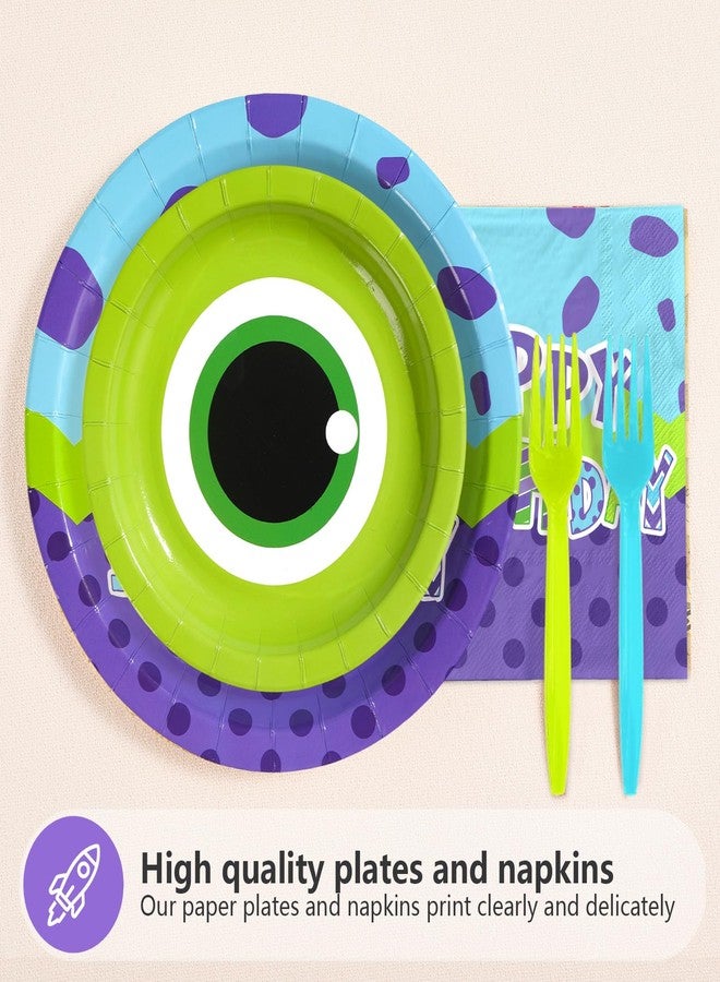 Greencian 96Pcs Monster Birthday Party Supplies 4th Monster Theme Party Plates and Napkins Disposable Green and Purple Cartoon Tableware Set for Kids 4th Birthday Baby Shower Decorations Serves 24 - Image 3